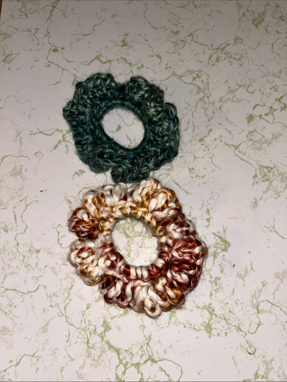 Set of Two Crochet Hair Scrunchies in Green and Cream-Brown